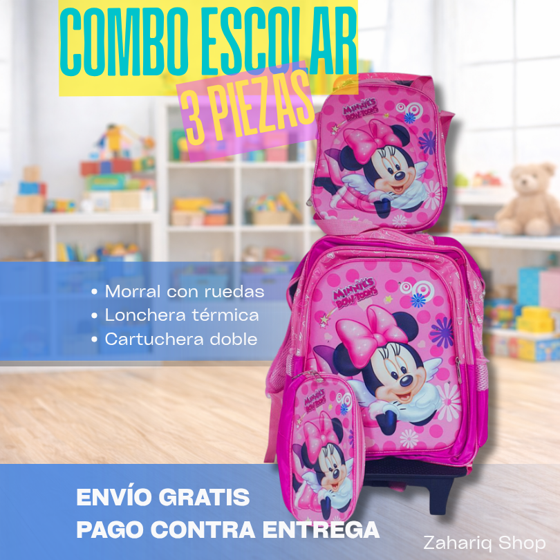 COMBO ESCOLAR MINNIE MOCHILA, LONCHERA Y CARTUCHERA 3D